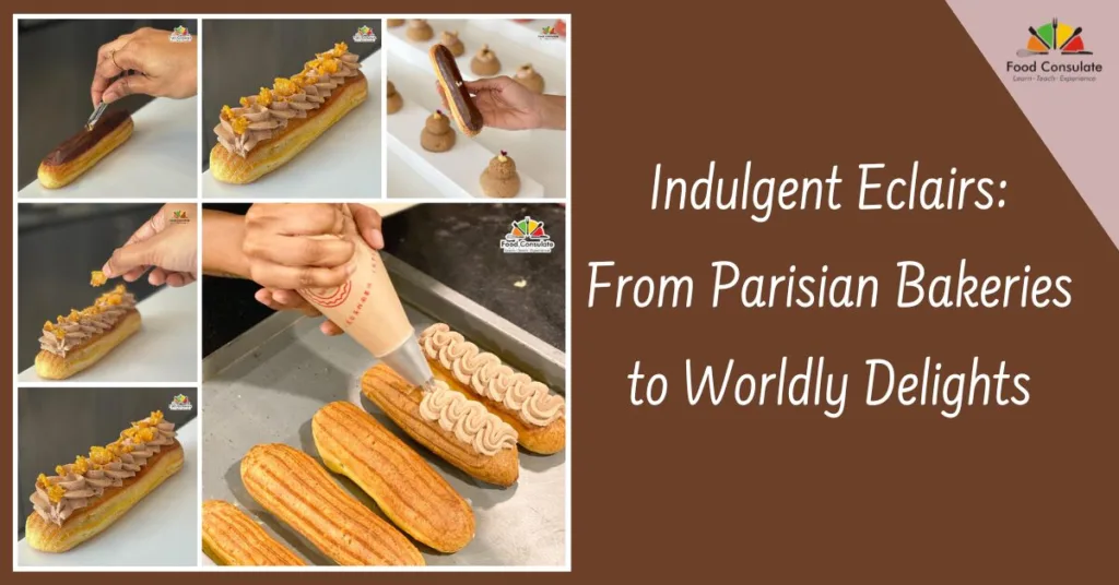 A decadent éclair adorned with chocolate drizzle and powdered sugar, symbolizing the sweet journey from Parisian delight to global indulgence
